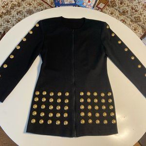 80s vintage zipped body con short dress / tunic, black w/ oversize brass studs M